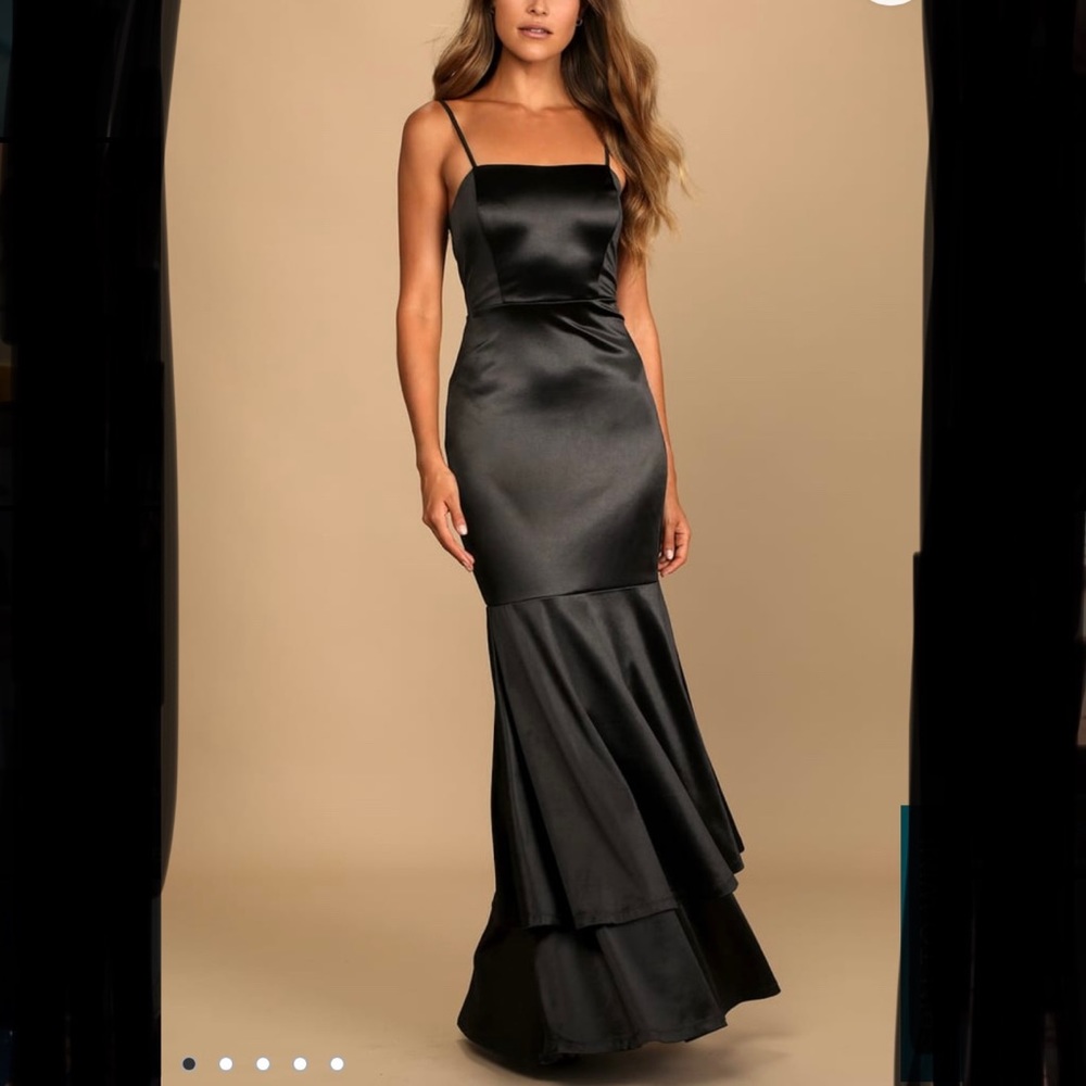 Lulus Black Satin Tiered Mermaid Maxi Dress
